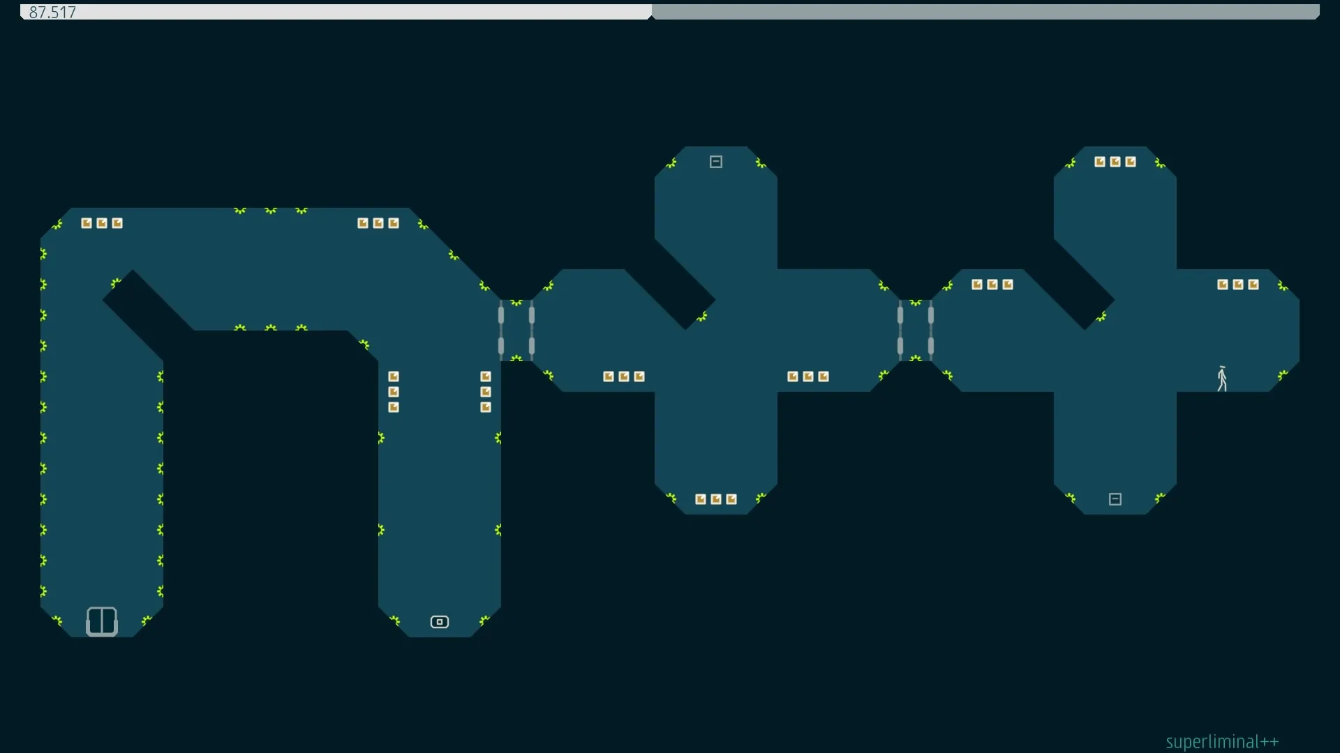 A level of N++. Dark blue background with square yellow blocks to collect and hazards to keep you on your toes.