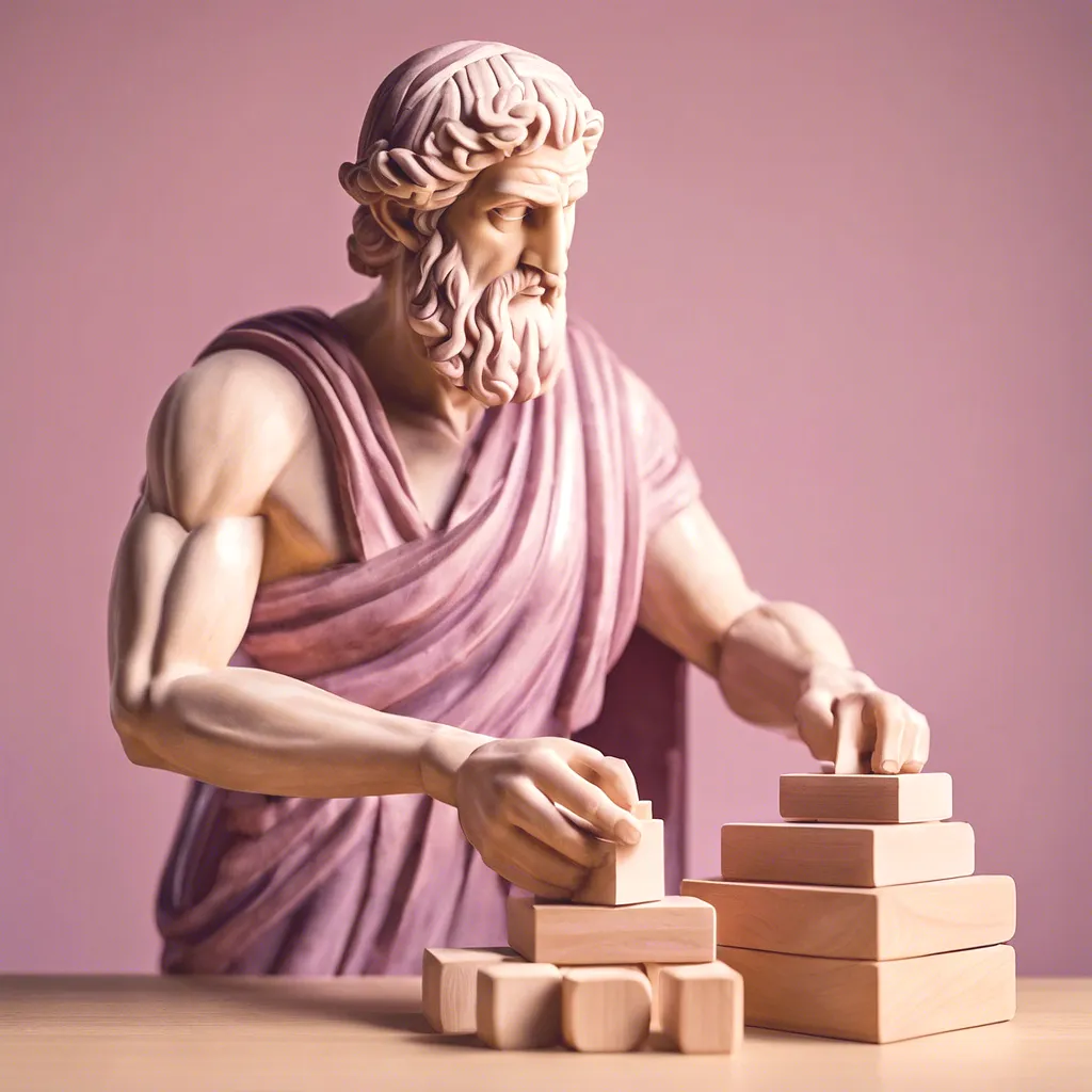 A marble statue is stacking blocks. He is concentrated.