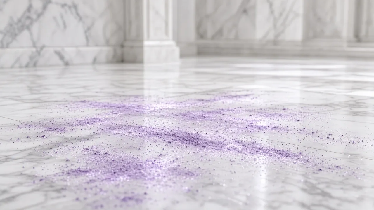 Purple sand glowing lightly on a polished marble floor in a white room.