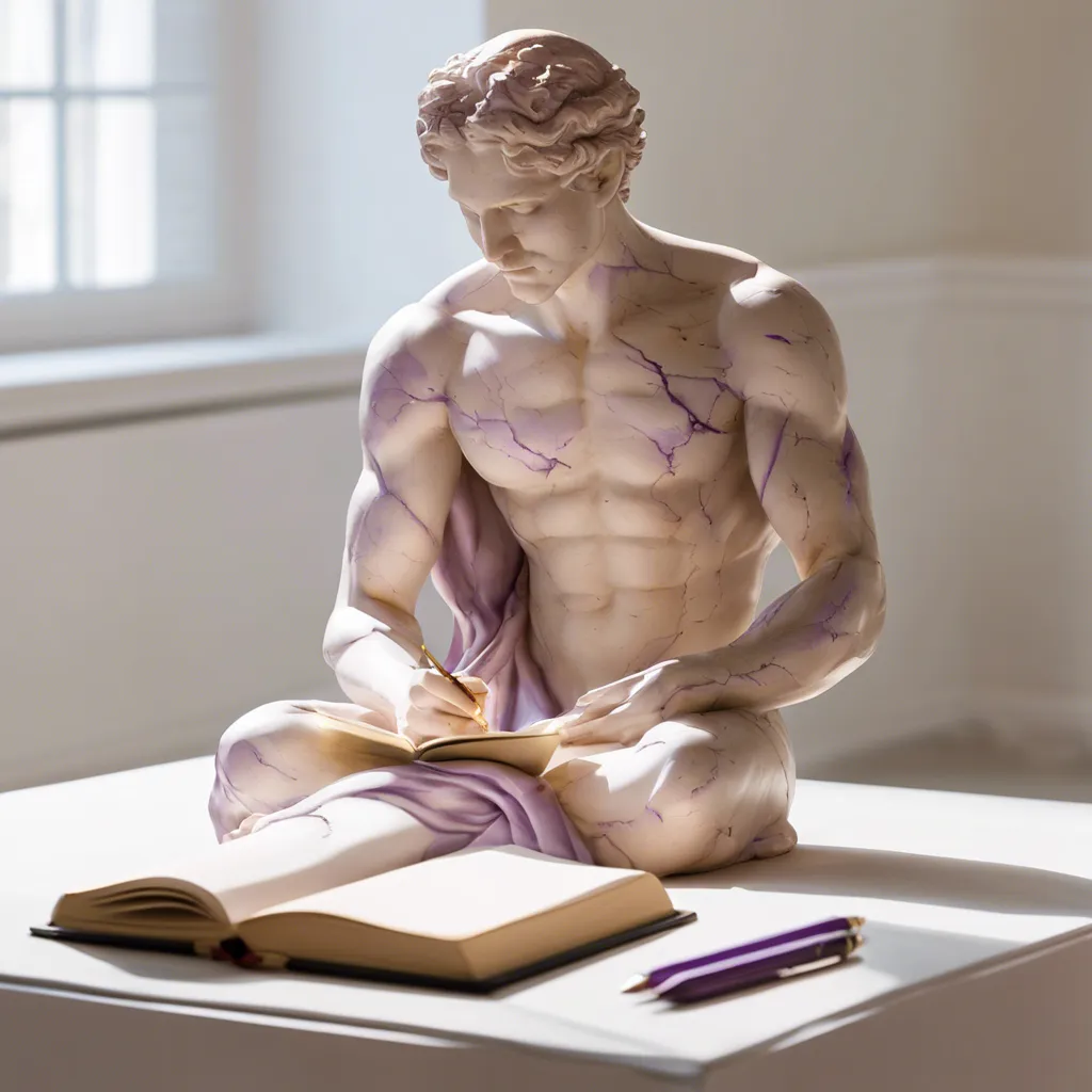 A purple statue is journaling in a white room. Cracks are forming on his chest.