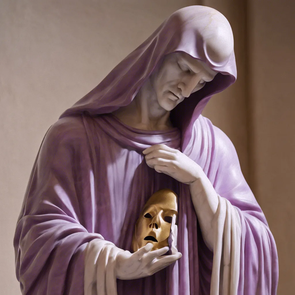 A marble statue with a purple robe looks down at a golden mask.